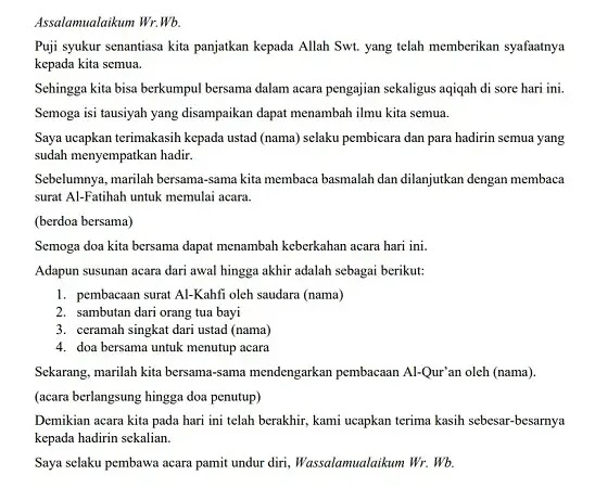 Pembukaan pembawa acara pengajian Pembukaan pembawa acara pengajian